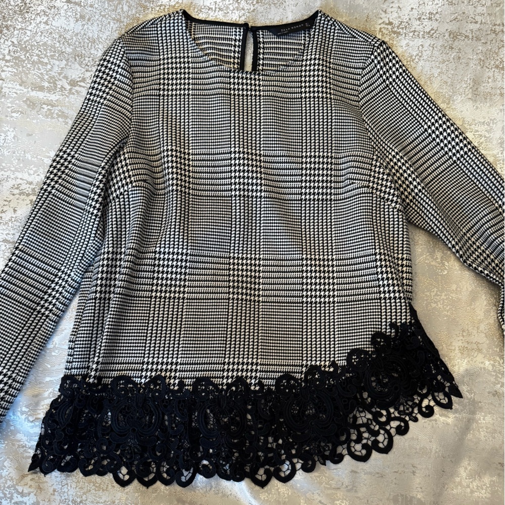 Black and White Plaid Top with Lace Trim Zara